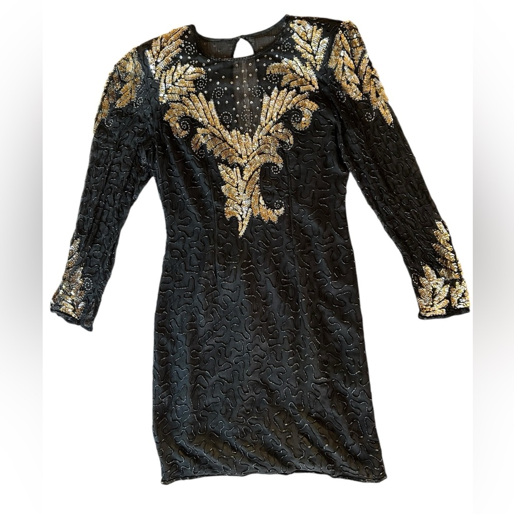 Vintage 80s Laurence Kazar Cocktail Party Black Gold Sequined Beaded Silk Dress